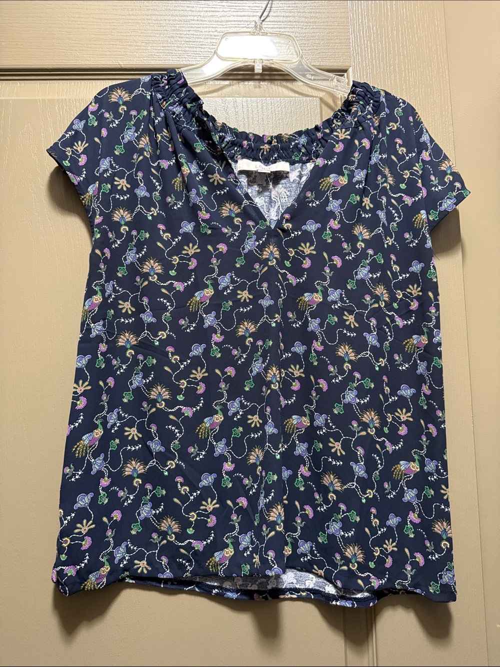 LOFT Navy Multicolor Floral Short Sleeve V-Neck Top